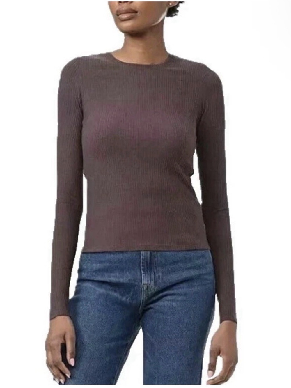 Splendid Ribbed Long Sleeve Top Brown Crew Neck Stretch Knit Women's (L)